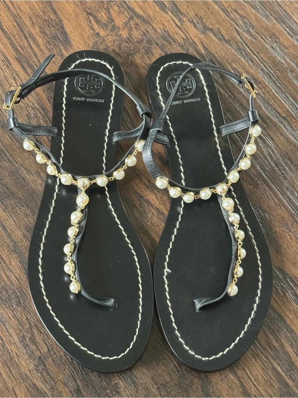 Tory Burch Black Leather Pearl-Trim T-Strap Sandals, Sz 11, Like New